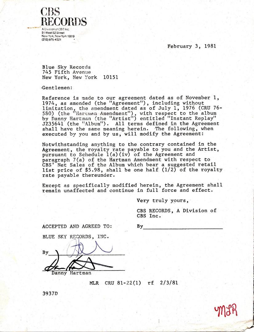 Dan Hartman - 1981 CBS contract